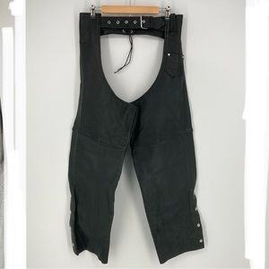 Leather Chaps Motorcycle Riding Pants Black Silver Zip Snap Buckle Biker Women M